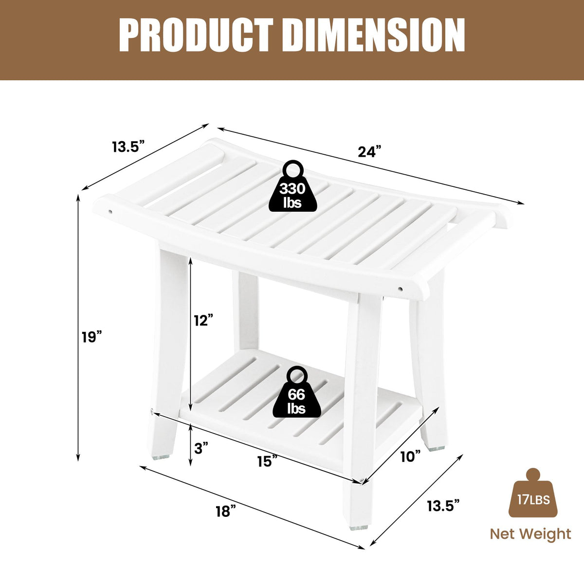 Heavy Duty Waterproof Bath Stool with Curved Seat and Storage Shelf-White view 5