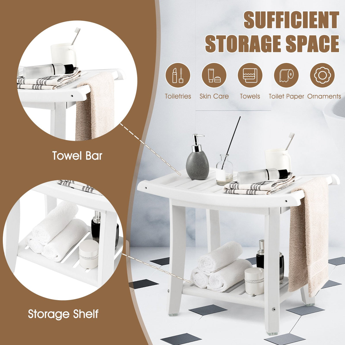 Heavy Duty Waterproof Bath Stool with Curved Seat and Storage Shelf-White view 9