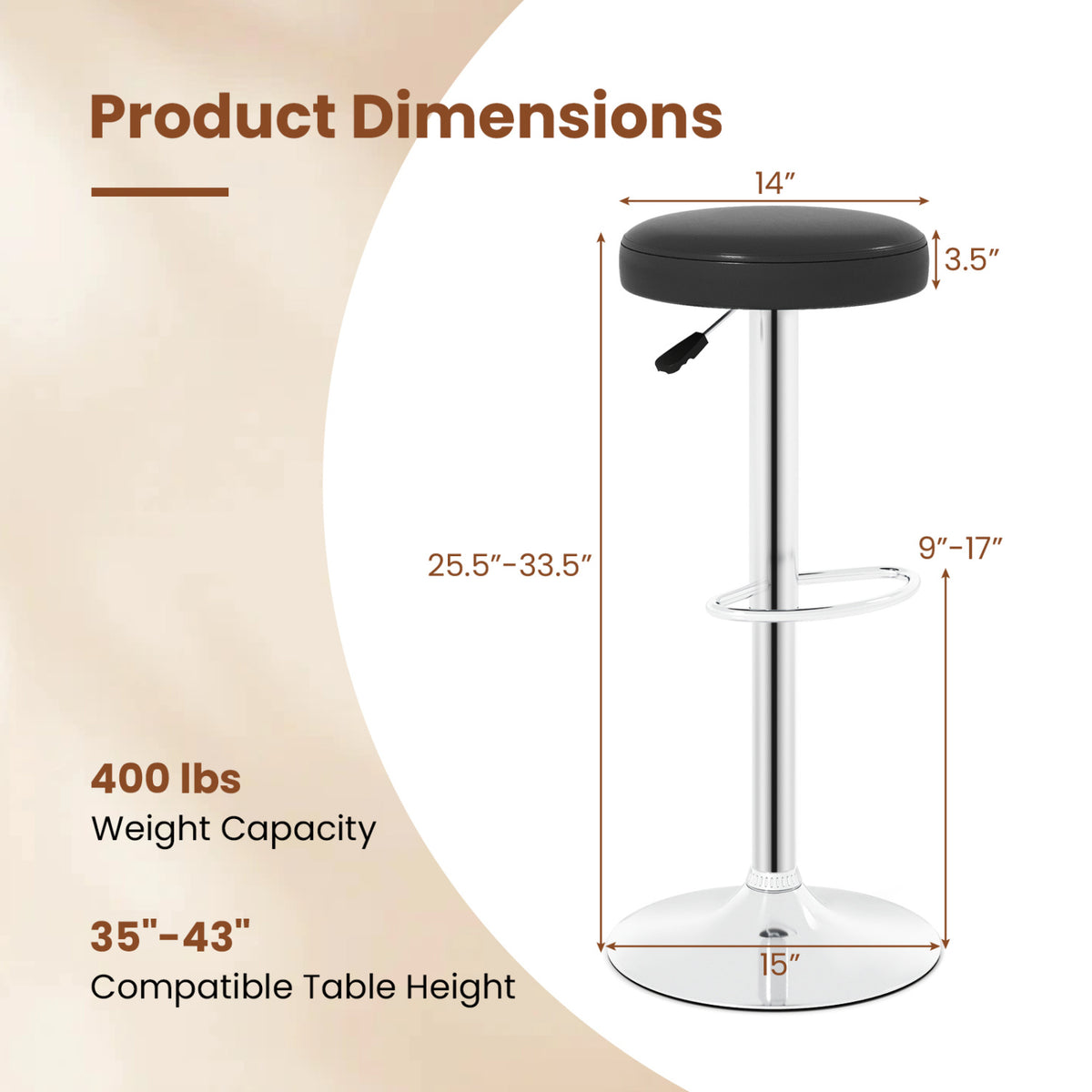Height-adjustable Bar Stool with 360° Swivel for Kitchen & Dining-Black view 5