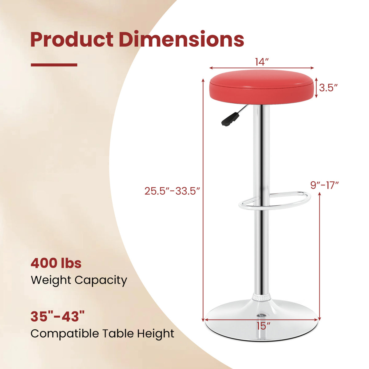 Height-adjustable Bar Stool with 360° Swivel for Kitchen & Dining-Red view 5