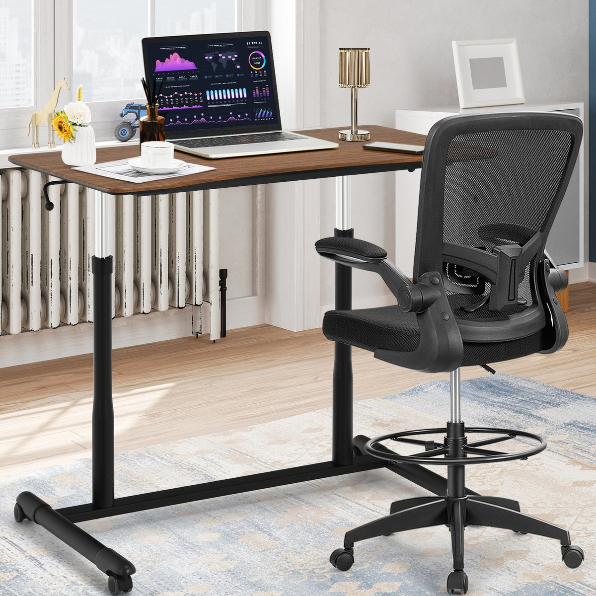 Height Adjustable Computer Desk Sit to Stand Rolling Notebook Table-Brown view 2