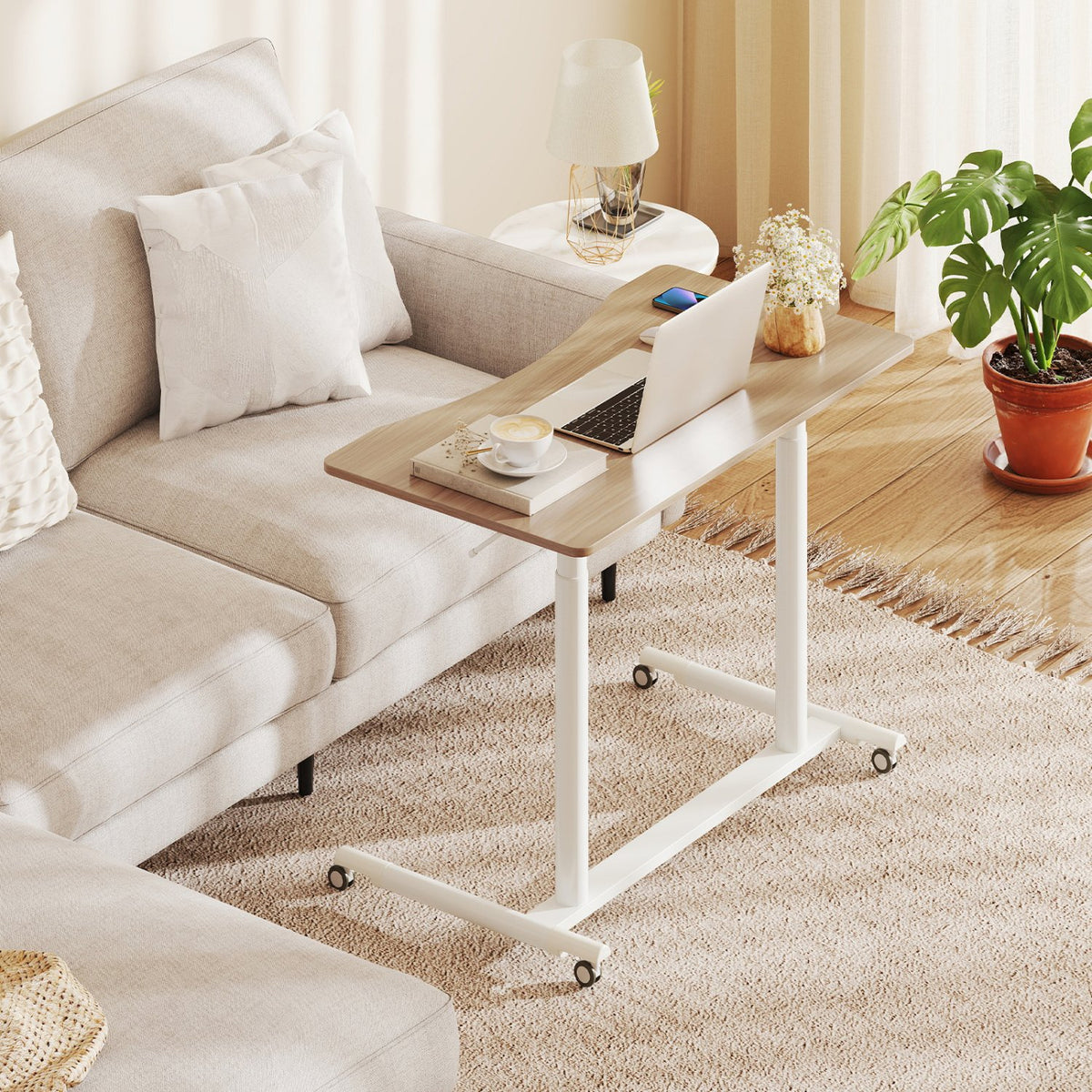Height Adjustable Computer Desk Sit to Stand Rolling Notebook Table -Natural view 2