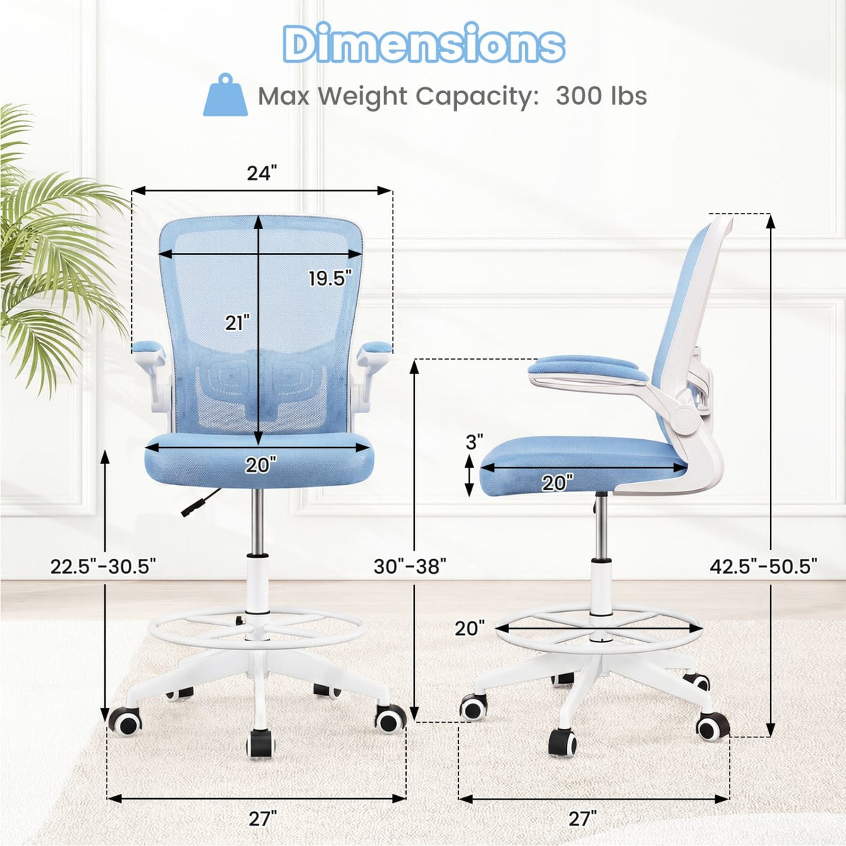 Height Adjustable Drafting Chair with Flip Up Arms for Home Office-Blue view 5