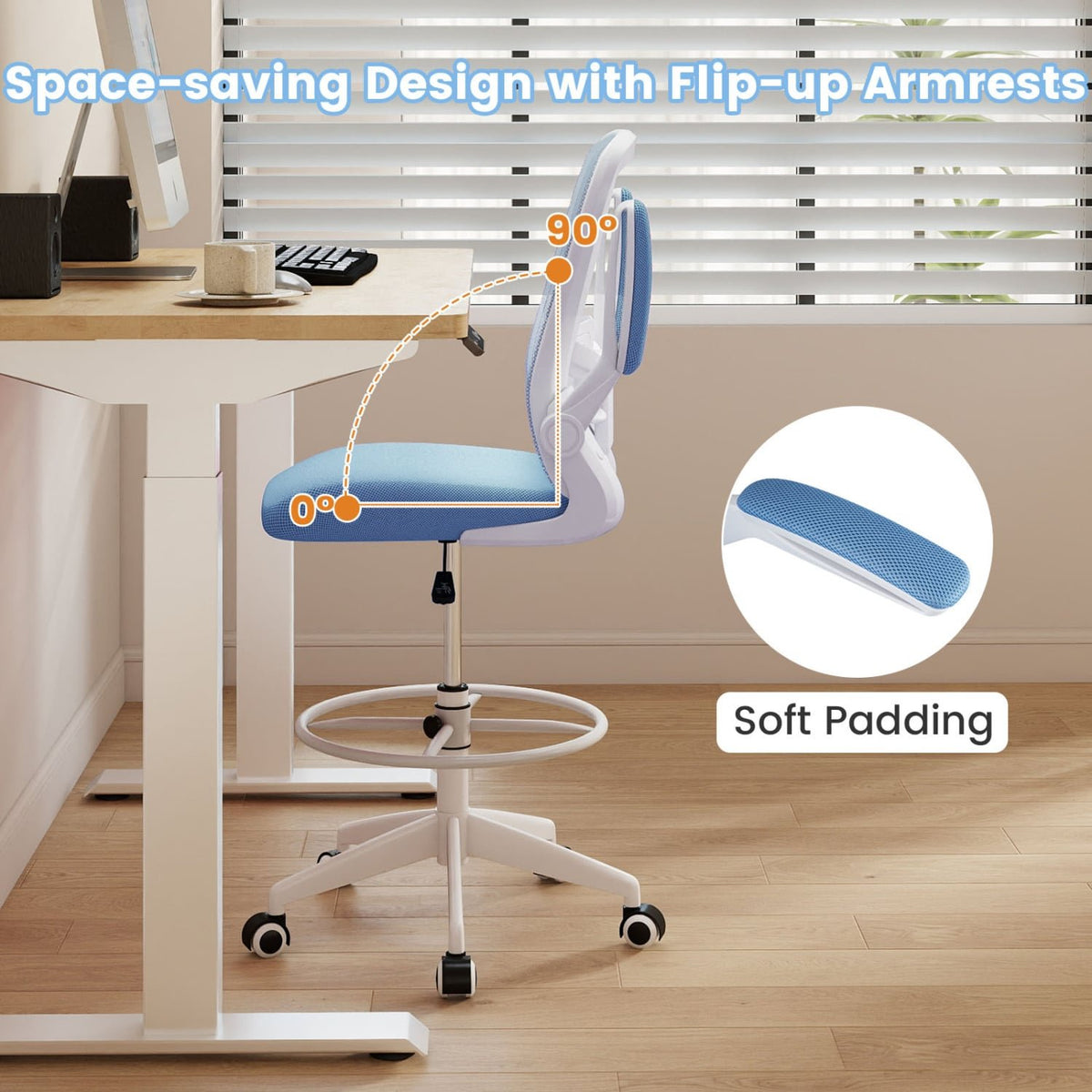 Height Adjustable Drafting Chair with Flip Up Arms for Home Office-Blue view 6
