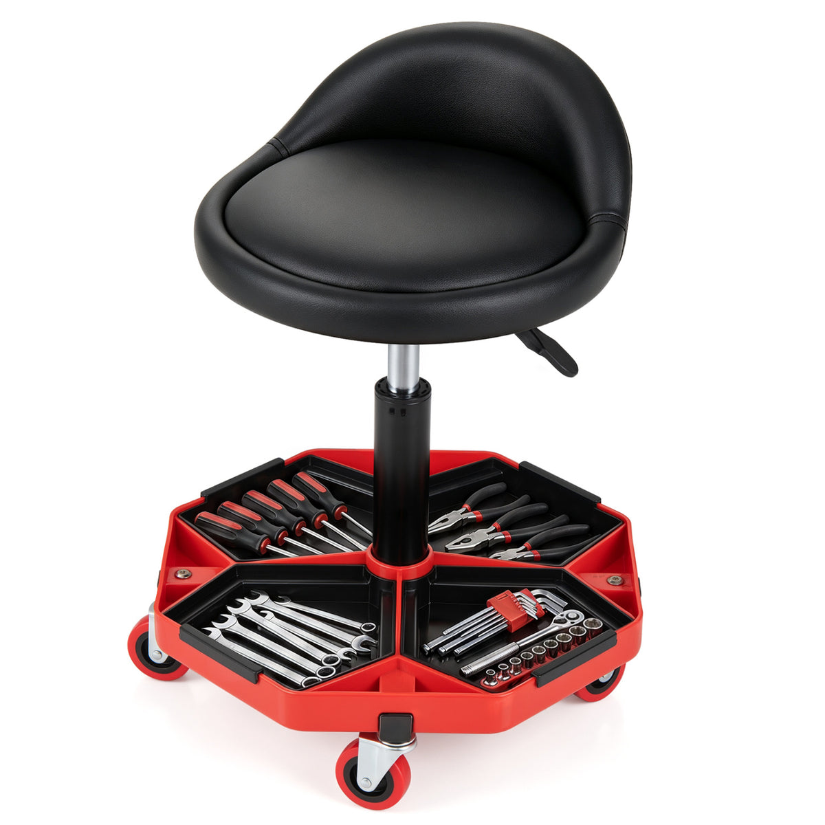 Height Adjustable Garage Seat with and PU Leather Seat Cushion-Blackred view 3