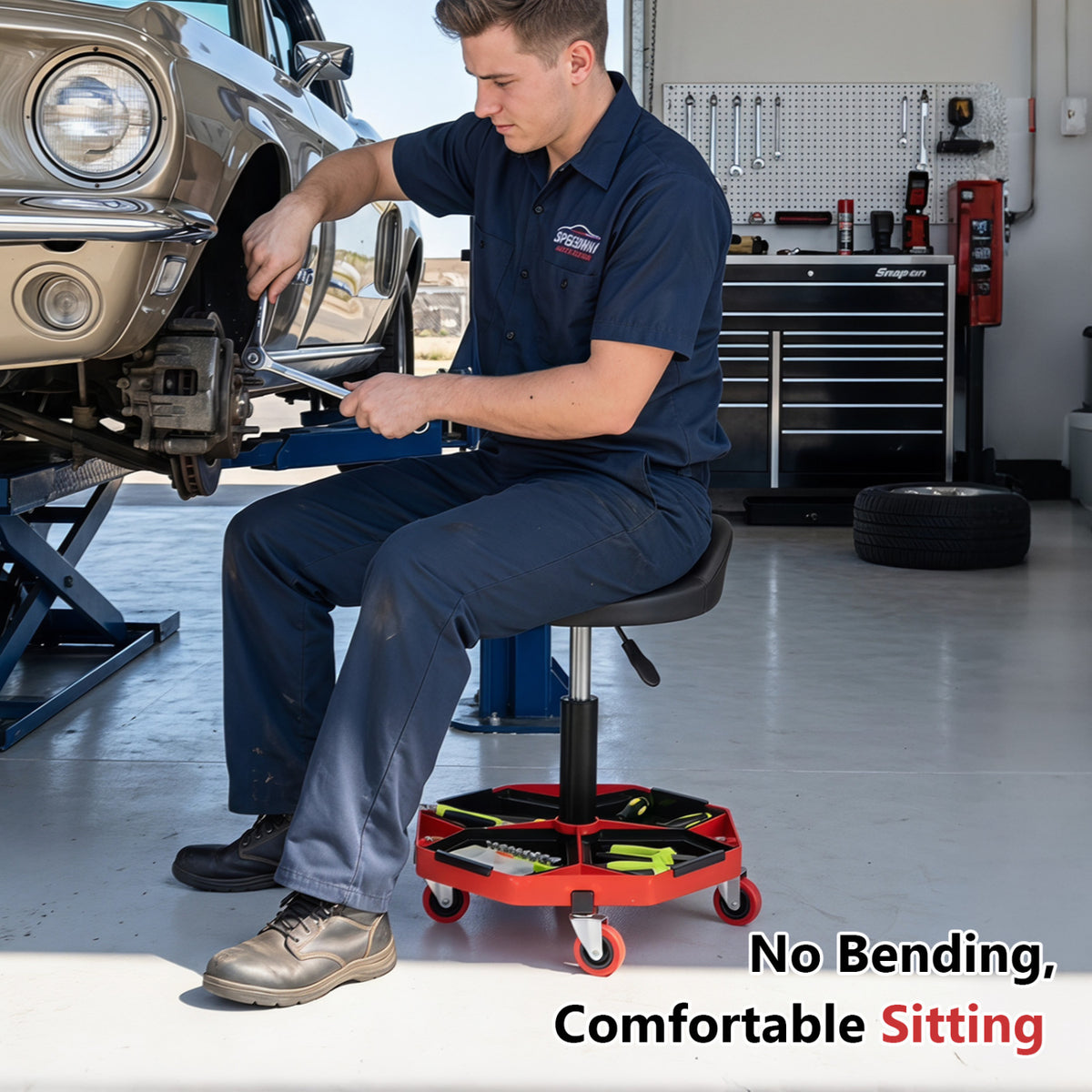 Height Adjustable Garage Seat with and PU Leather Seat Cushion-Blackred view 5