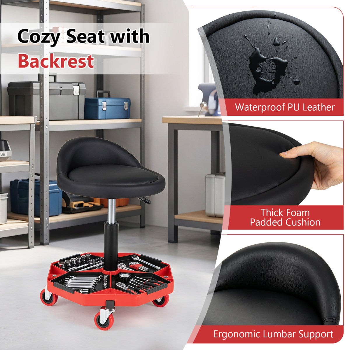Height Adjustable Garage Seat with and PU Leather Seat Cushion-Blackred view 7