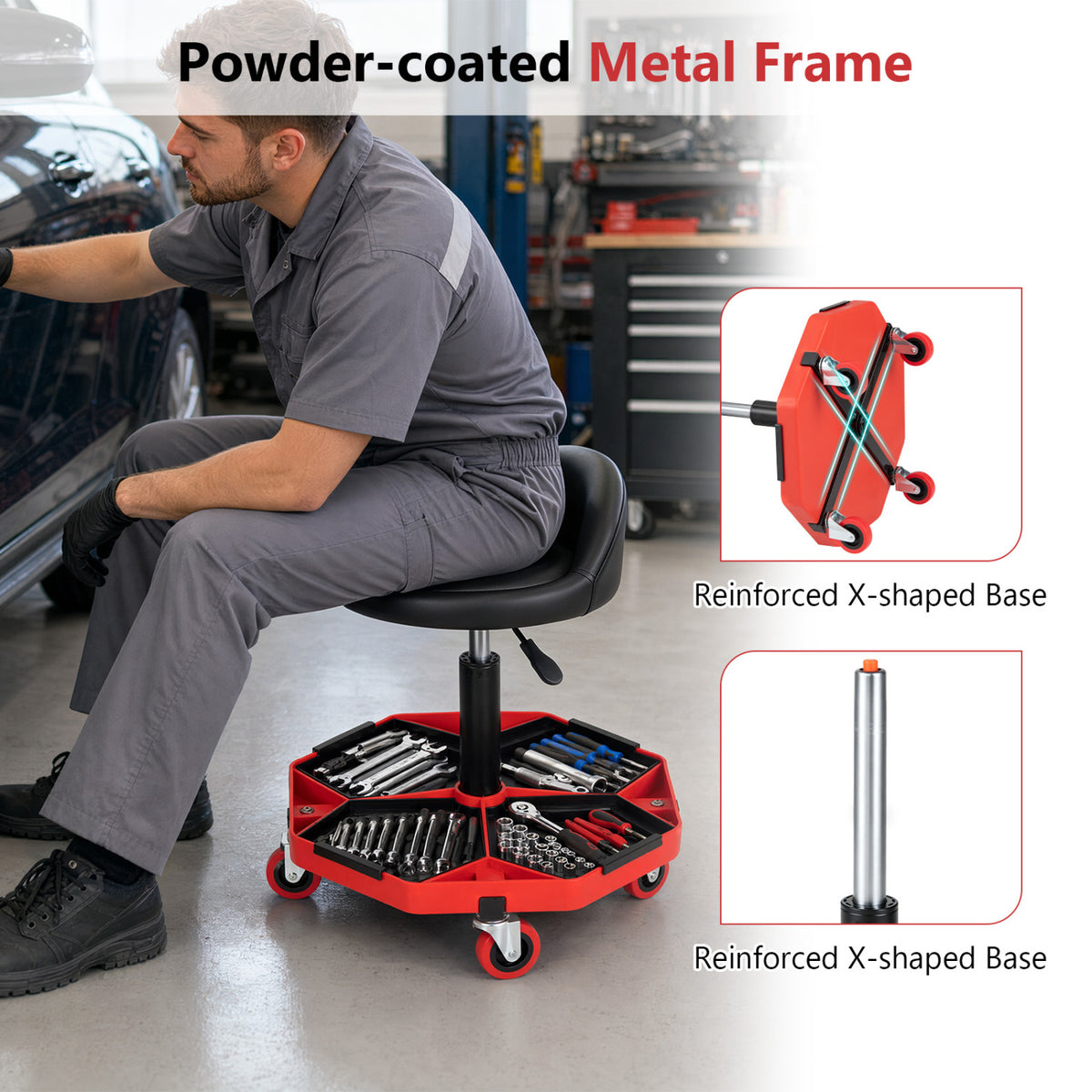 Height Adjustable Garage Seat with and PU Leather Seat Cushion-Blackred view 9