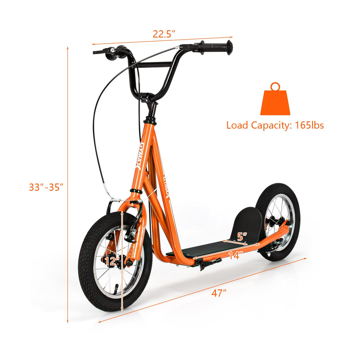 Height Adjustable Kid Kick Scooter with 12 Inch Air Filled Wheel-Orange view 5