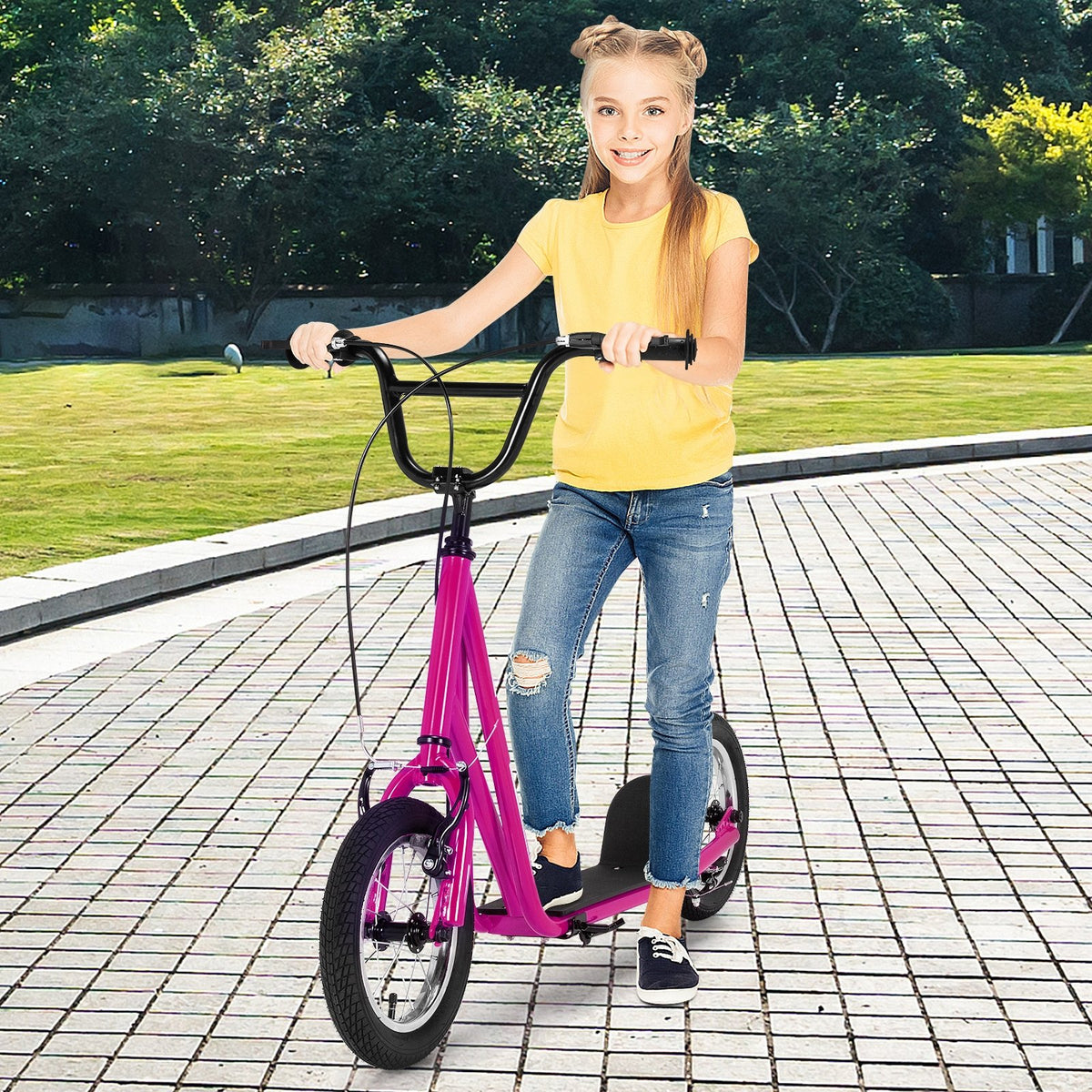 Height Adjustable Kid Kick Scooter with 12 Inch Air Filled Wheel-Pink view 2