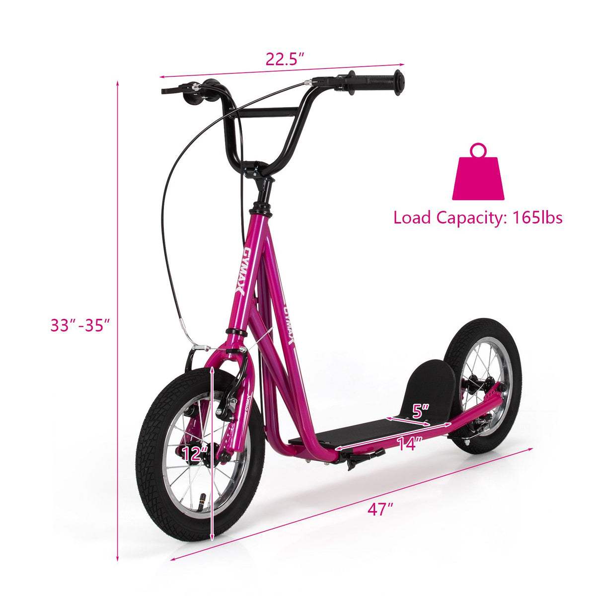 Height Adjustable Kid Kick Scooter with 12 Inch Air Filled Wheel-Pink view 5