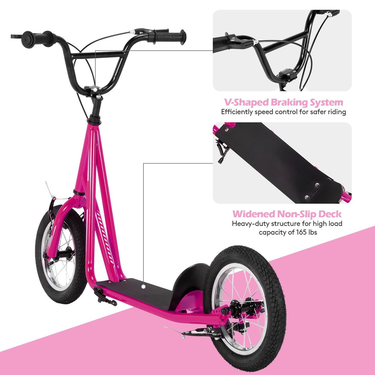 Height Adjustable Kid Kick Scooter with 12 Inch Air Filled Wheel-Pink view 8