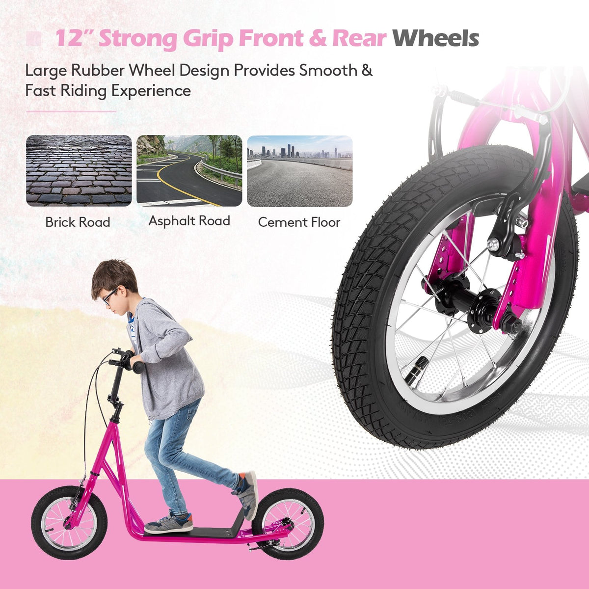 Height Adjustable Kid Kick Scooter with 12 Inch Air Filled Wheel-Pink view 9