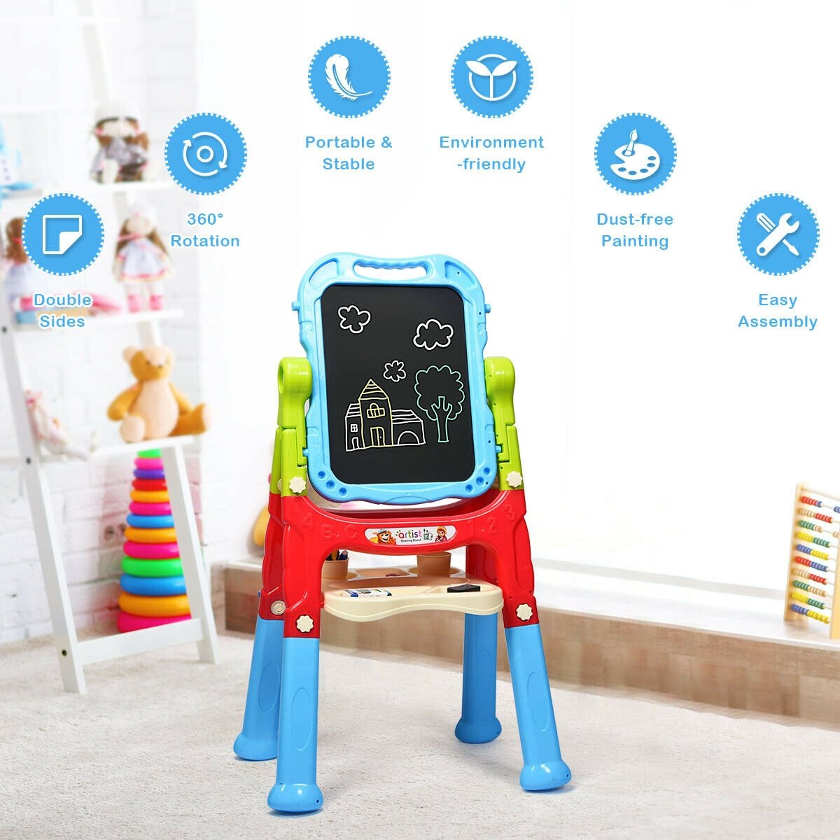 Height Adjustable Kids Art Easel Magnetic Double Sided Board-Blue view 4
