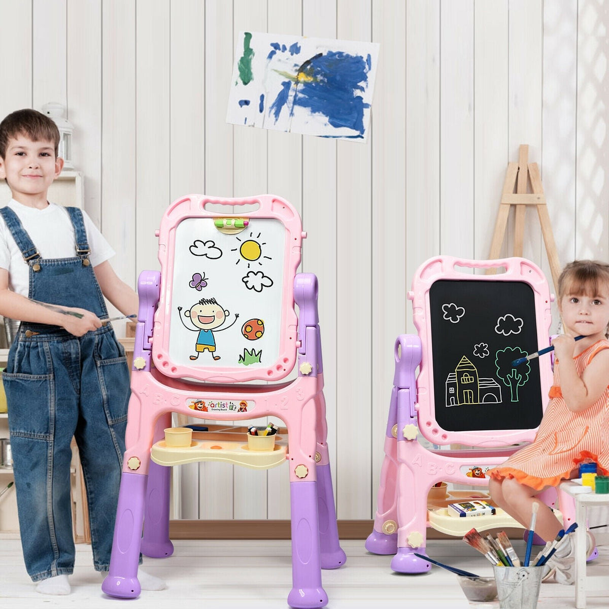 Height Adjustable Kids Art Easel Magnetic Double Sided Board-Pink view 2