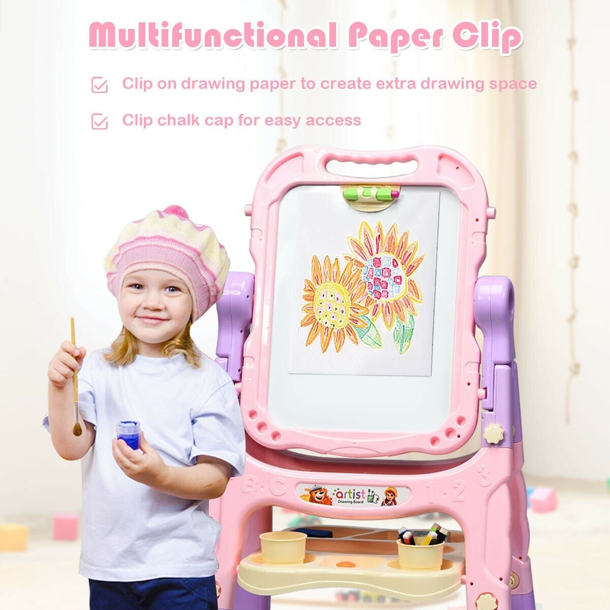 Height Adjustable Kids Art Easel Magnetic Double Sided Board-Pink view 5
