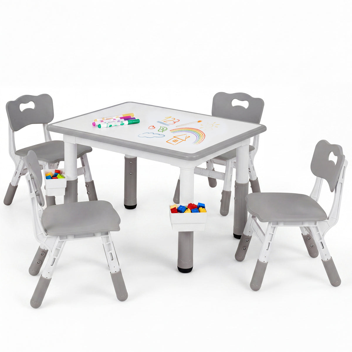 Height Adjustable, Kids Table and 4 Chairs Set with Graffiti Desktop and 2 Storage Baskets-Gray