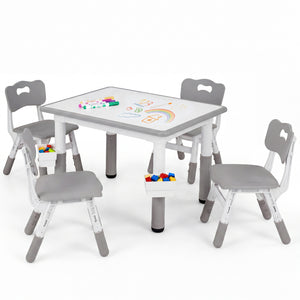 Height Adjustable, Kids Table and 4 Chairs Set with Graffiti Desktop and 2 Storage Baskets-Gray