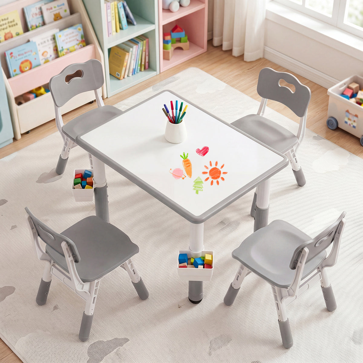 Height Adjustable, Kids Table and 4 Chairs Set with Graffiti Desktop and 2 Storage Baskets-Gray view 2