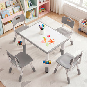Height Adjustable, Kids Table and 4 Chairs Set with Graffiti Desktop and 2 Storage Baskets-Gray view 2