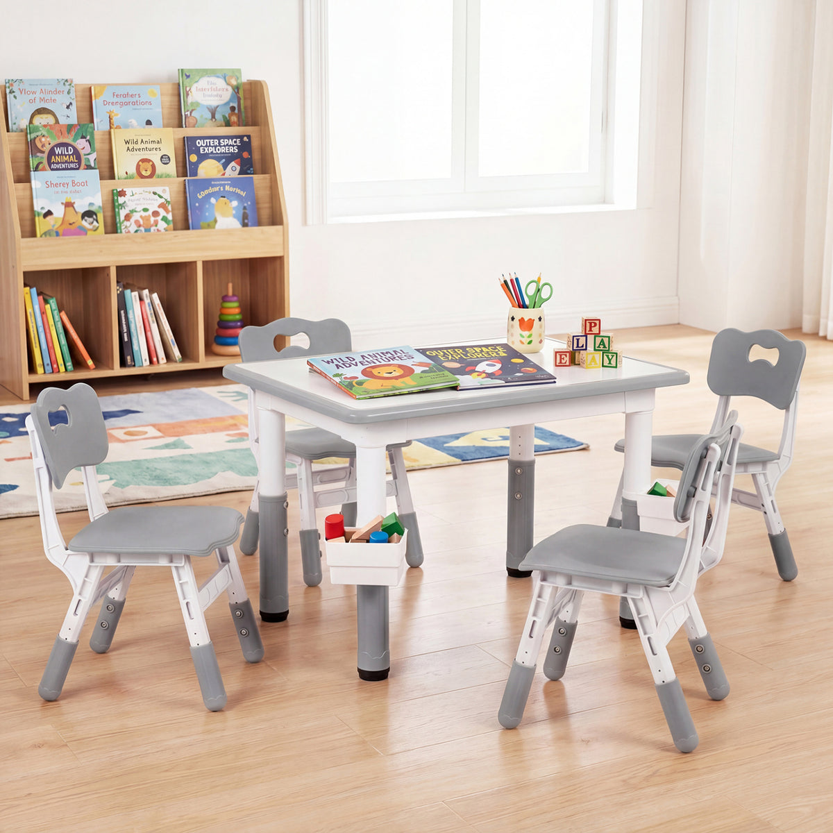 Height Adjustable, Kids Table and 4 Chairs Set with Graffiti Desktop and 2 Storage Baskets-Gray view 3