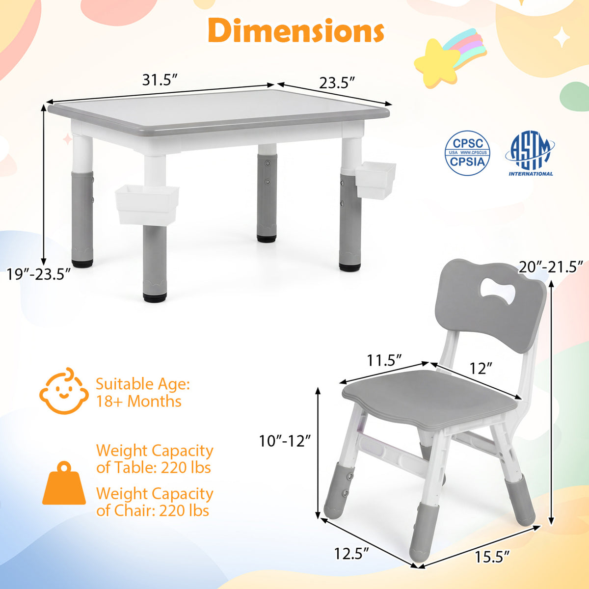 Height Adjustable, Kids Table and 4 Chairs Set with Graffiti Desktop and 2 Storage Baskets-Gray view 5