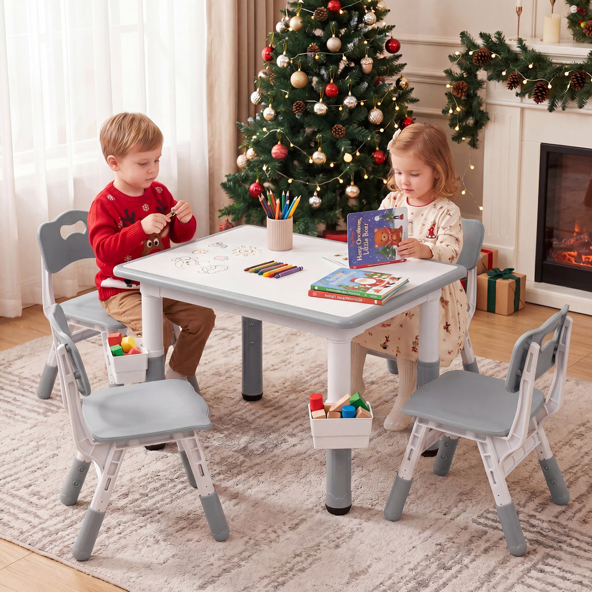 Height Adjustable, Kids Table and 4 Chairs Set with Graffiti Desktop and 2 Storage Baskets-Gray view 6