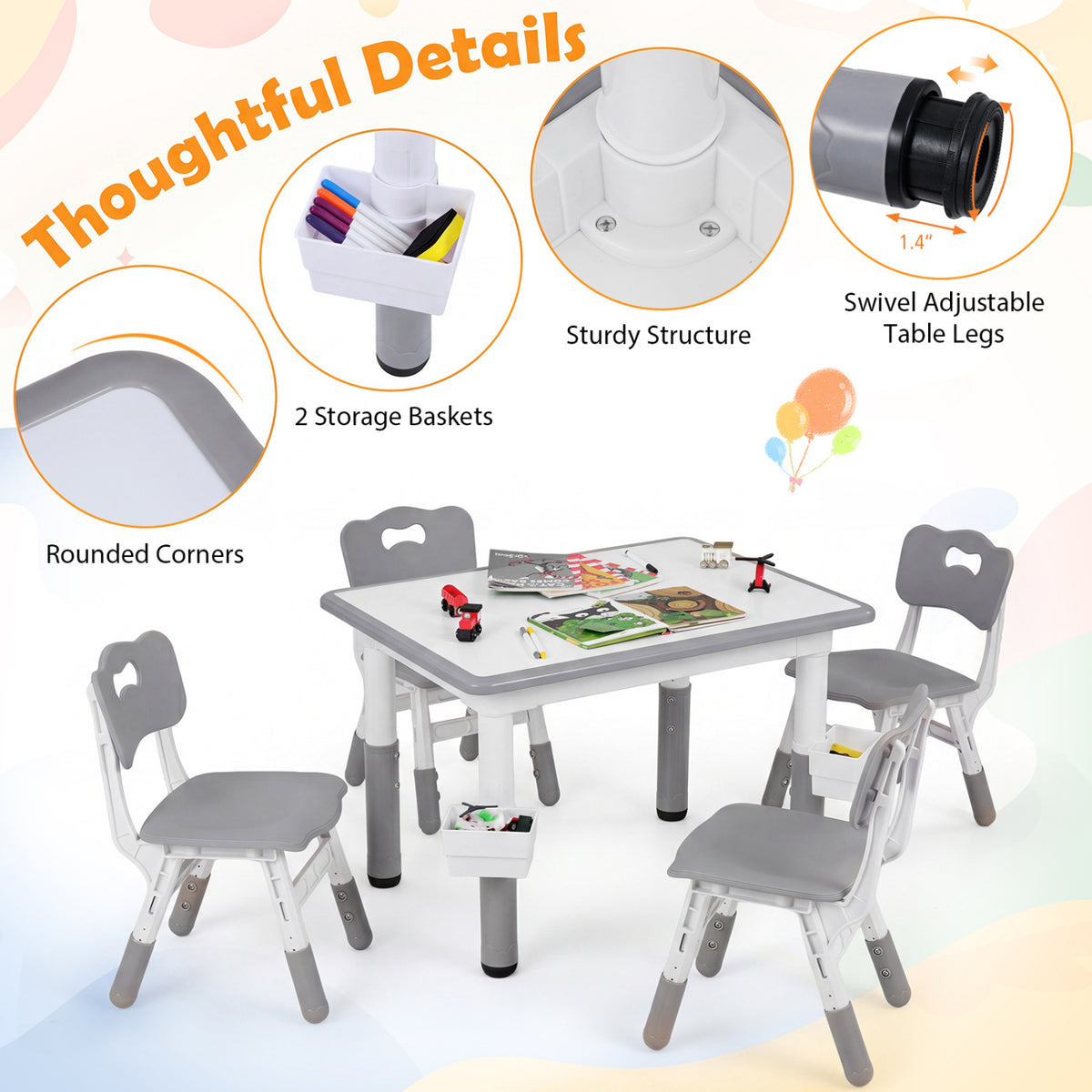 Height Adjustable, Kids Table and 4 Chairs Set with Graffiti Desktop and 2 Storage Baskets-Gray view 7