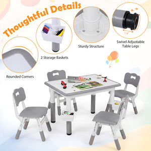 Height Adjustable, Kids Table and 4 Chairs Set with Graffiti Desktop and 2 Storage Baskets-Gray view 7