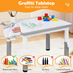 Height Adjustable, Kids Table and 4 Chairs Set with Graffiti Desktop and 2 Storage Baskets-Gray view 8