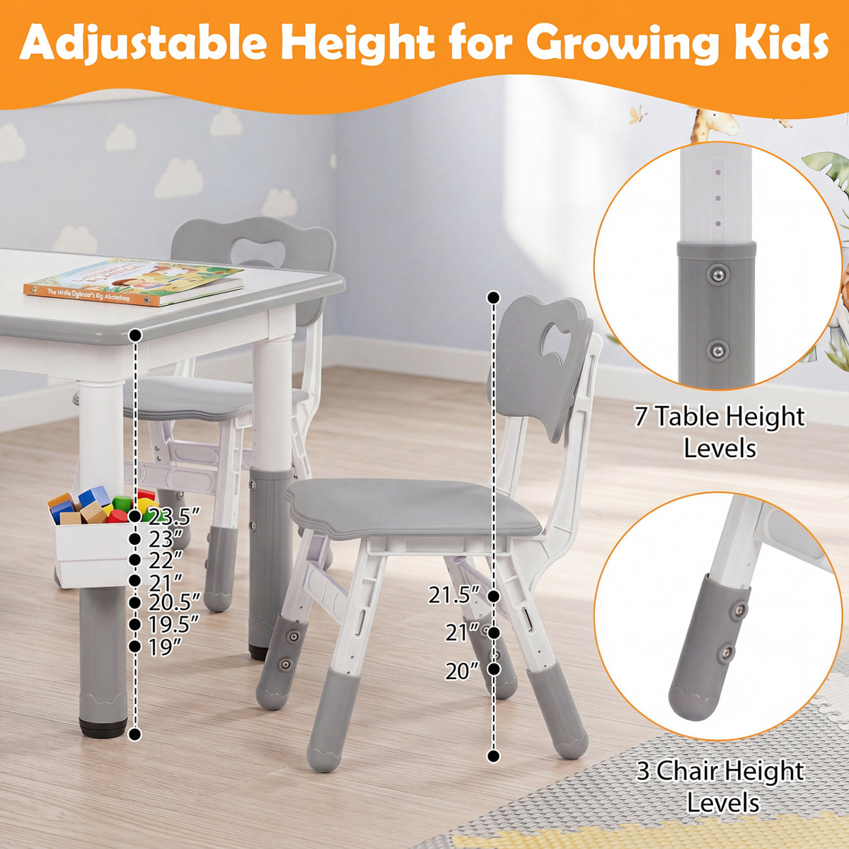 Height Adjustable, Kids Table and 4 Chairs Set with Graffiti Desktop and 2 Storage Baskets-Gray view 9