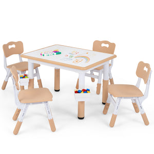 Height Adjustable, Kids Table and 4 Chairs Set with Graffiti Desktop and 2 Storage Baskets-Natrual