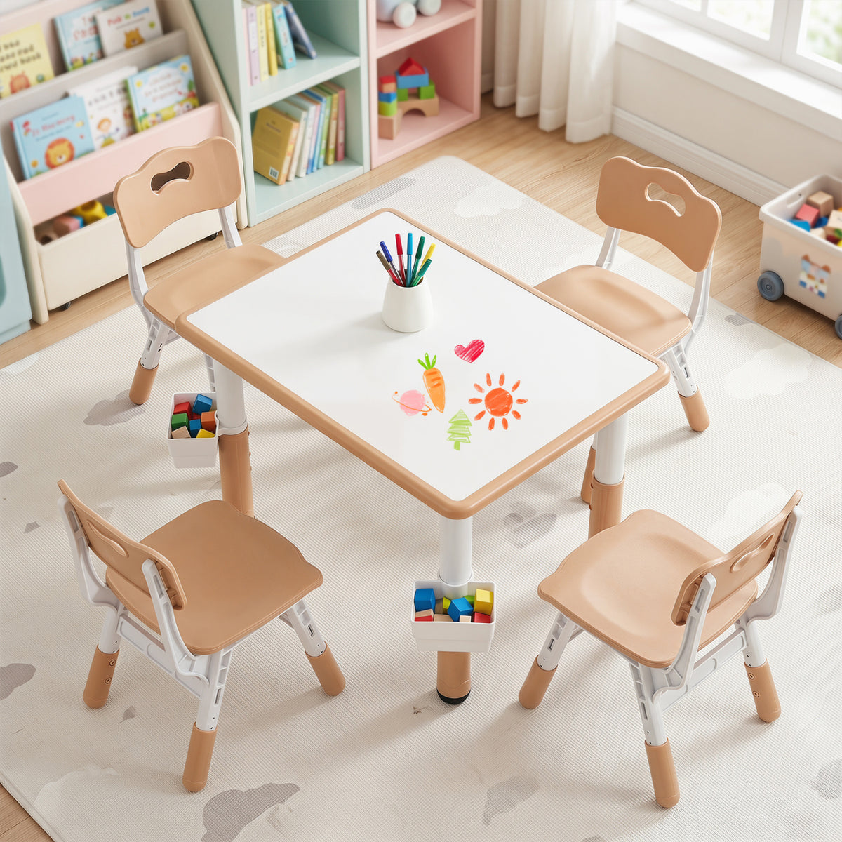 Height Adjustable, Kids Table and 4 Chairs Set with Graffiti Desktop and 2 Storage Baskets-Natrual view 2