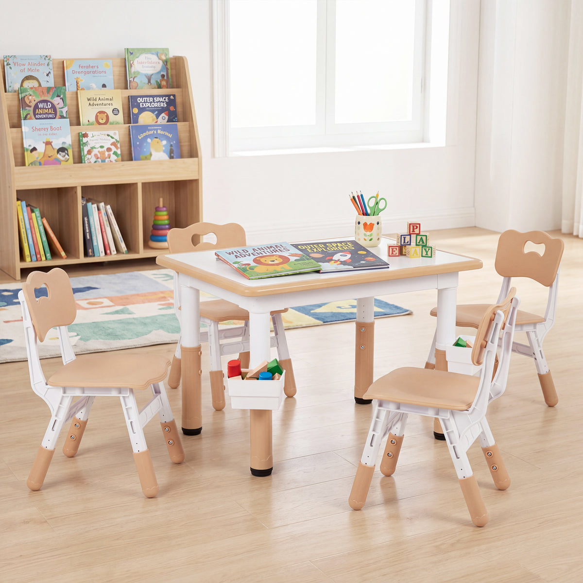 Height Adjustable, Kids Table and 4 Chairs Set with Graffiti Desktop and 2 Storage Baskets-Natrual view 3