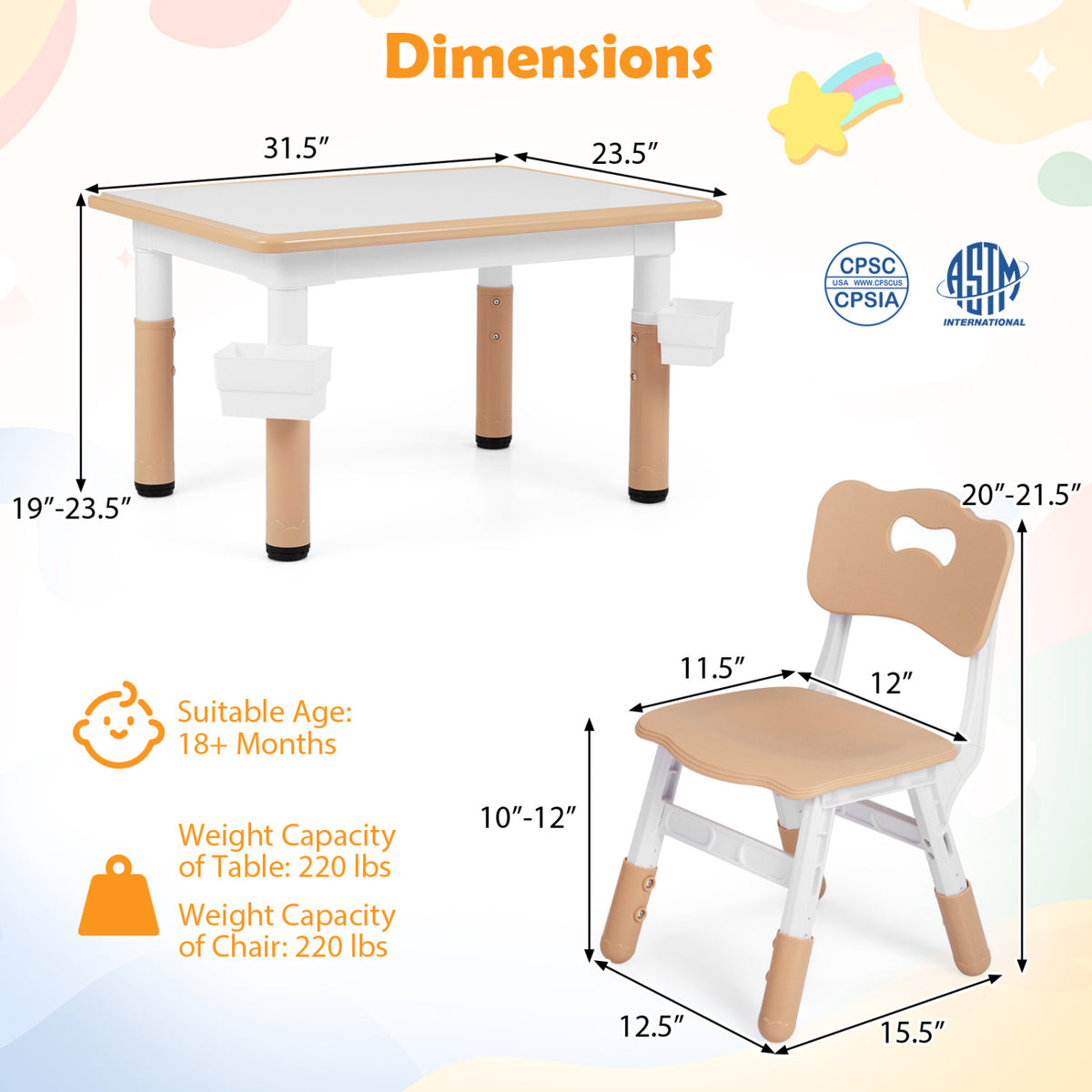 Height Adjustable, Kids Table and 4 Chairs Set with Graffiti Desktop and 2 Storage Baskets-Natrual view 5