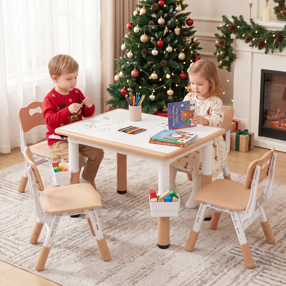 Height Adjustable, Kids Table and 4 Chairs Set with Graffiti Desktop and 2 Storage Baskets-Natrual view 6