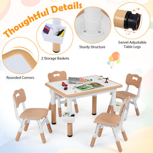Height Adjustable, Kids Table and 4 Chairs Set with Graffiti Desktop and 2 Storage Baskets-Natrual view 7