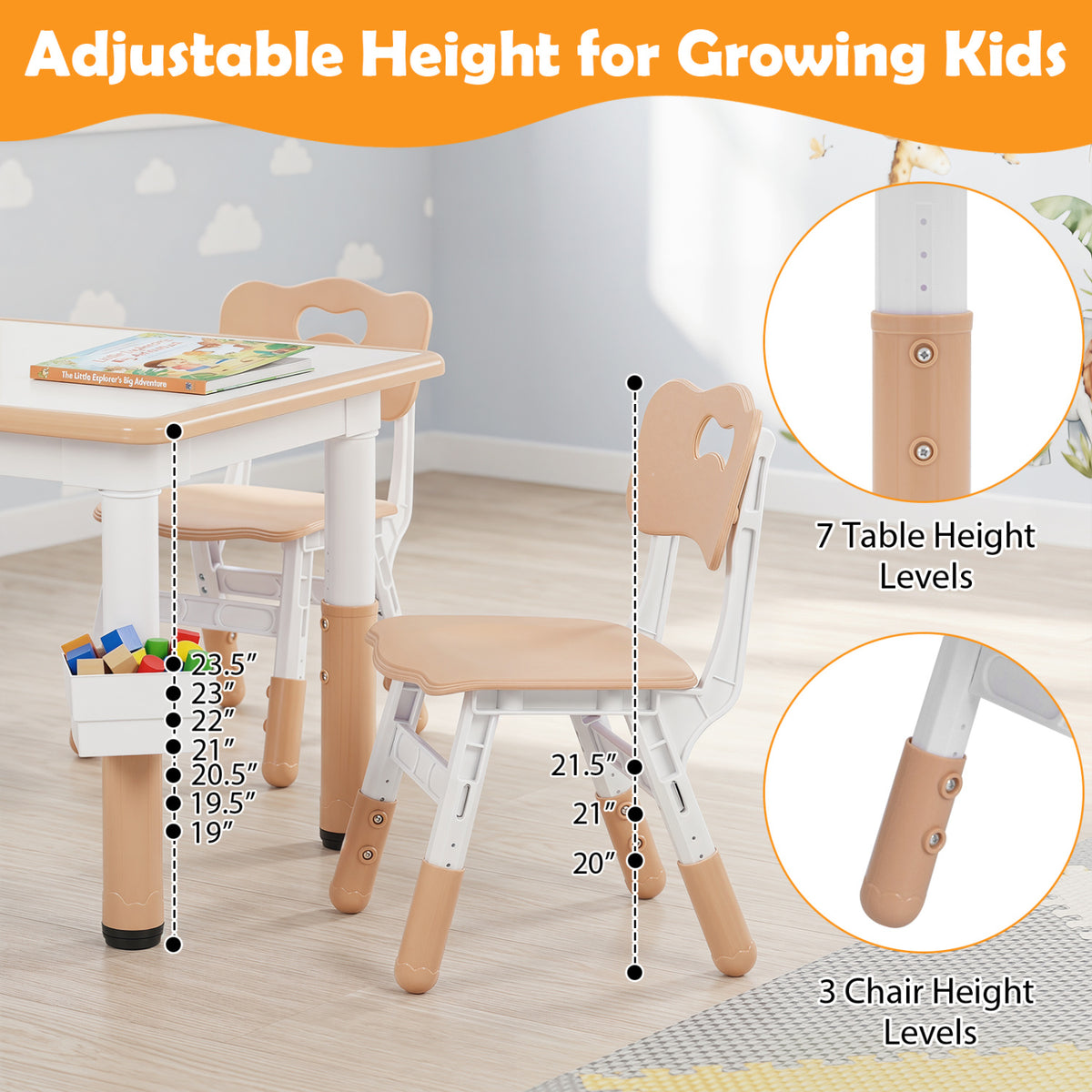 Height Adjustable, Kids Table and 4 Chairs Set with Graffiti Desktop and 2 Storage Baskets-Natrual view 9