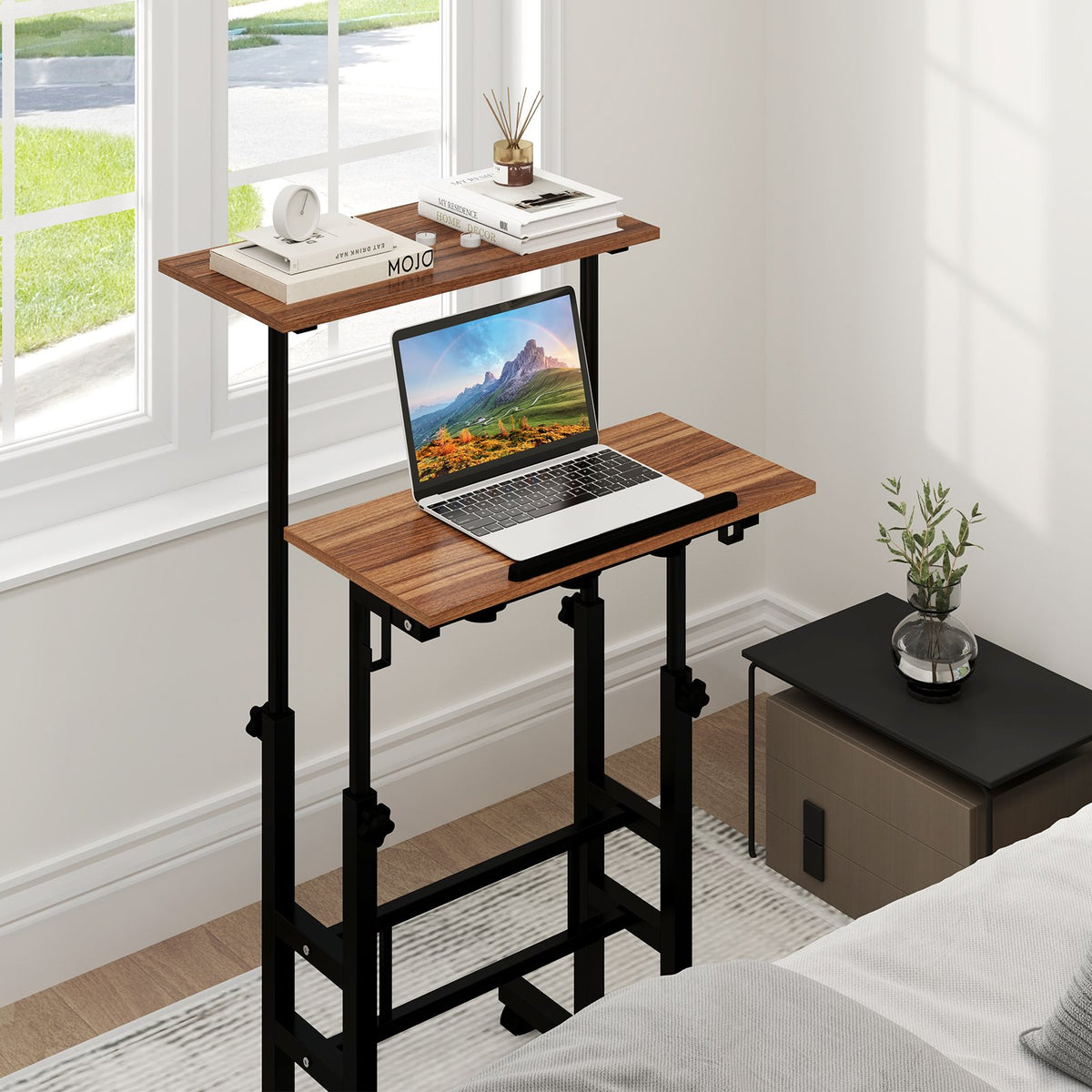 Height-adjustable Mobile Standing Desk with Split Top and Adjustable Angle-Walnut view 2