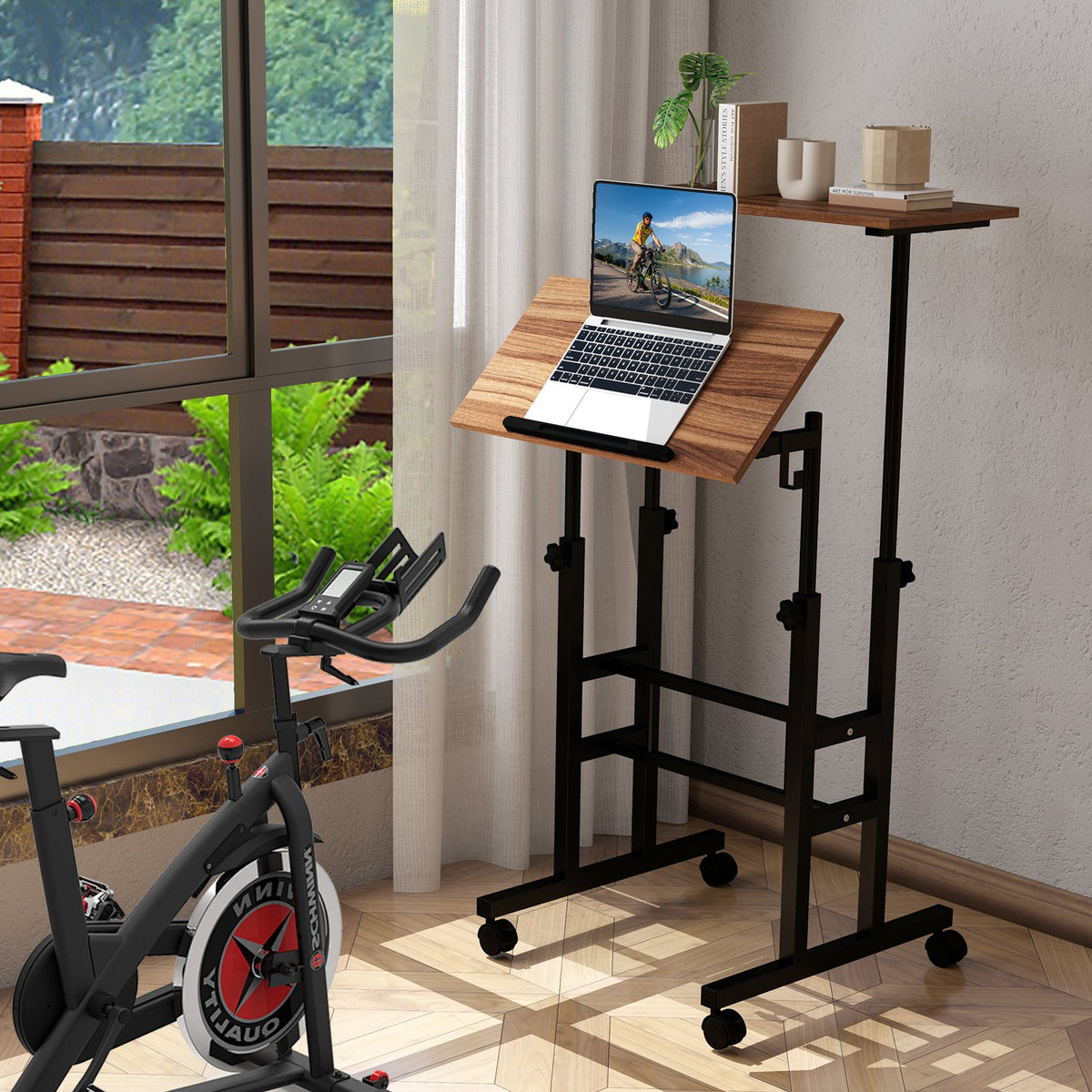 Height-adjustable Mobile Standing Desk with Split Top and Adjustable Angle-Walnut view 3