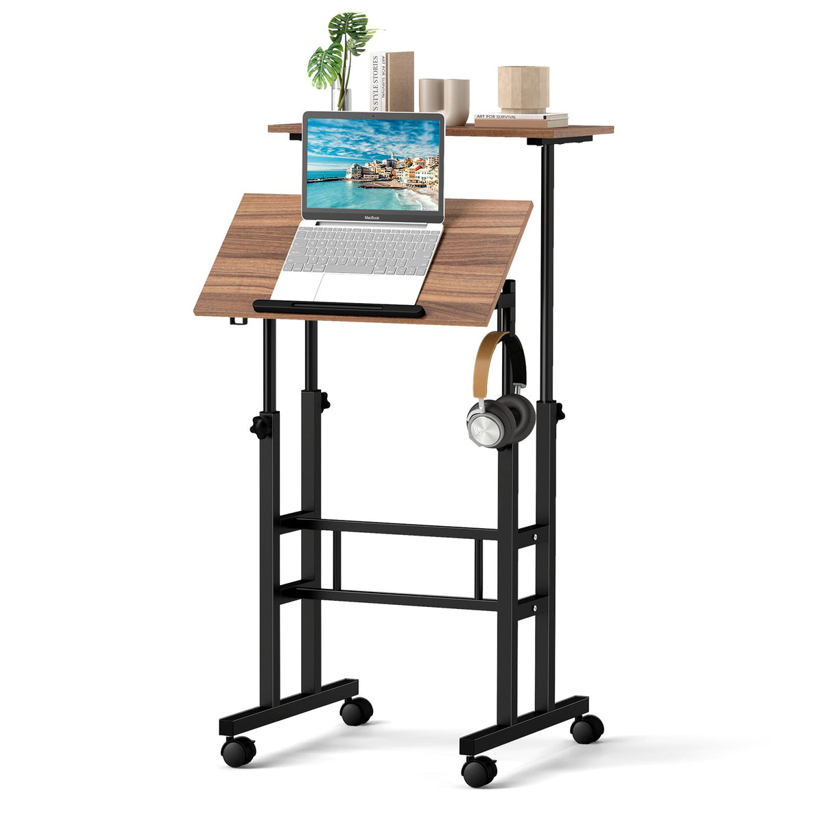 Height-adjustable Mobile Standing Desk with Split Top and Adjustable Angle-Walnut view 4
