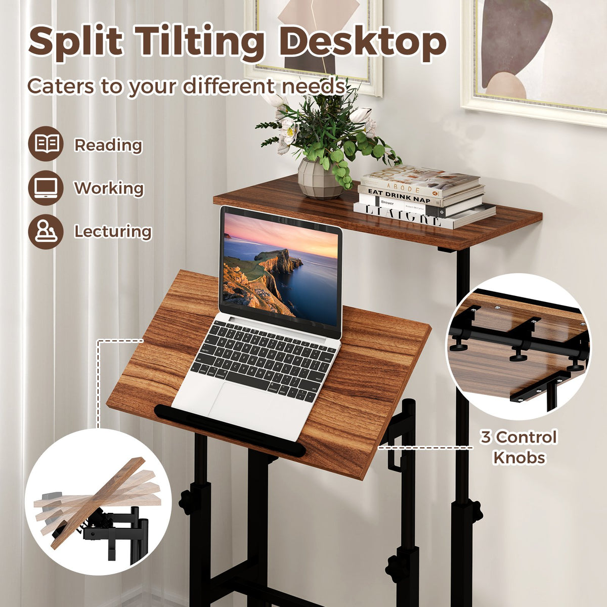 Height-adjustable Mobile Standing Desk with Split Top and Adjustable Angle-Walnut view 7