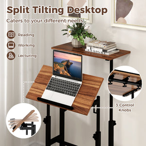 Height-adjustable Mobile Standing Desk with Split Top and Adjustable Angle-Walnut view 7