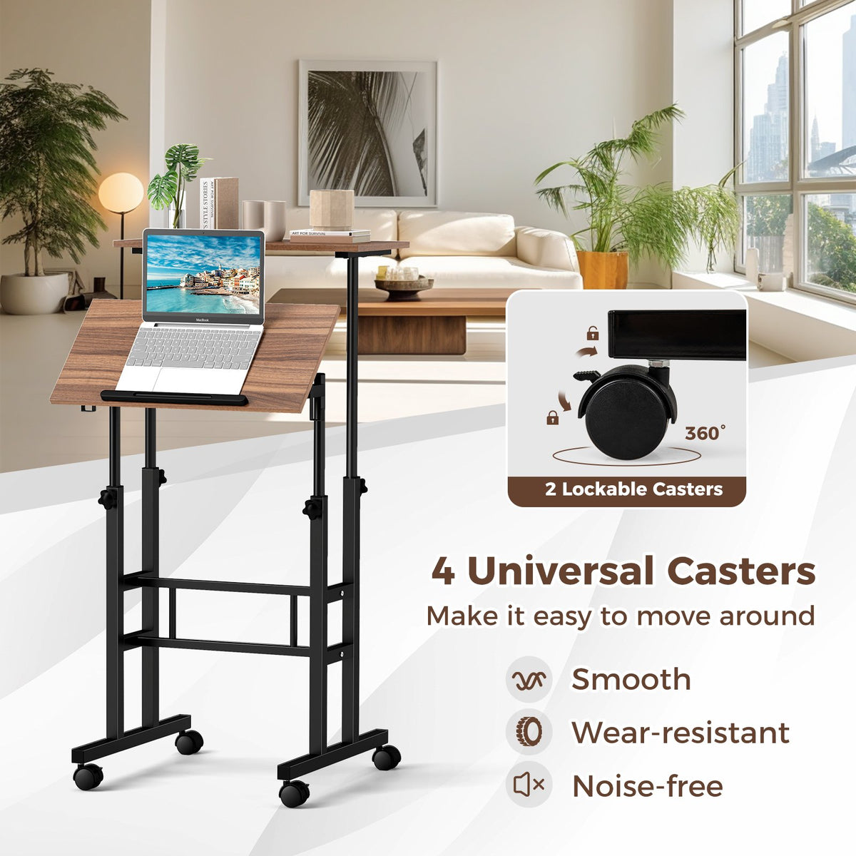 Height-adjustable Mobile Standing Desk with Split Top and Adjustable Angle-Walnut view 9