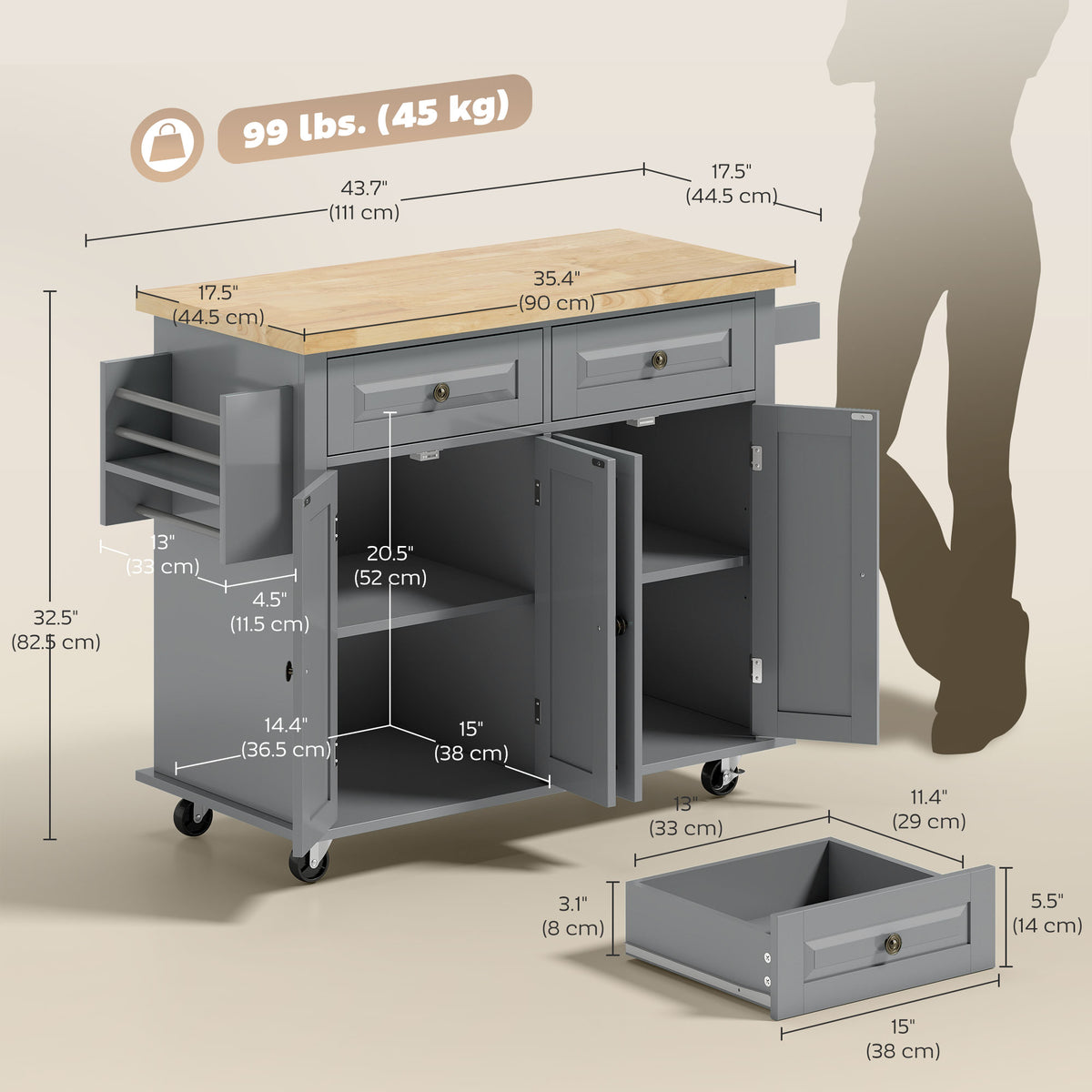Kitchen Island with Storage, Rolling Trolley Cart with Rubber Wood Top, Spice Rack, Towel Rack, Brown Oak – view 16
