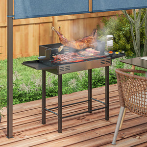 BBQ Rotisserie Grill Charcoal, Split Roaster for Chicken Turkey, 3-Level Grill Grate, Storage Shelves, Stainless Steel