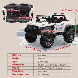 Kids 2 Seater Ride-On Car Police Truck Electric with LED Lights & MP3 for Kids White