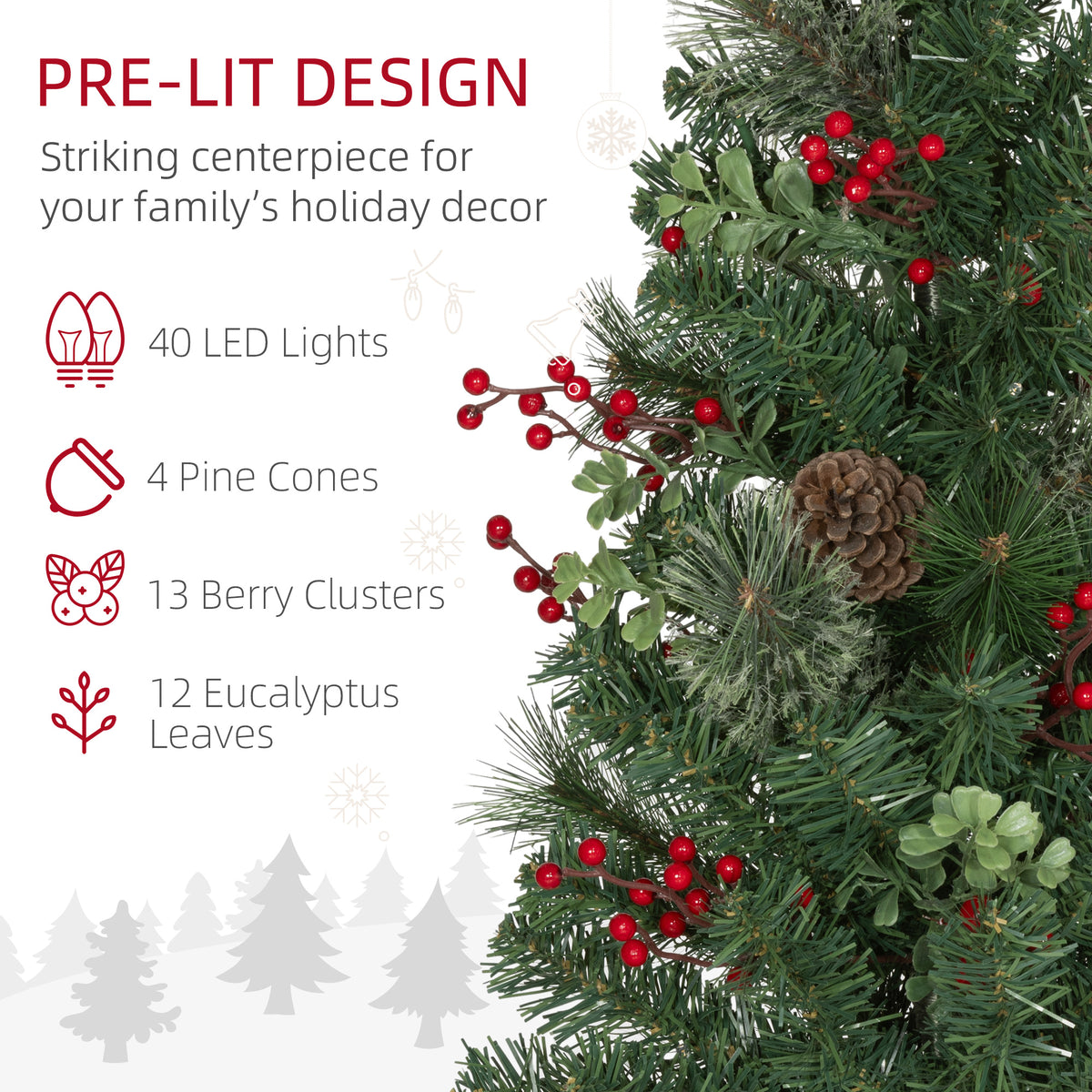 2ft 2 Pack Artificial Christmas Tree, Pre Lit Christmas Tree with Red Berries and Pine Cones, Battery Operated, Green