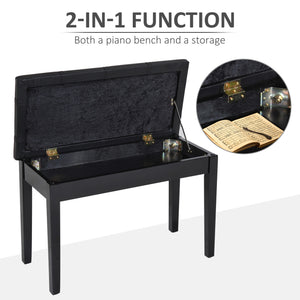 Classic Piano Bench Stool, PU Leather Padded Keyboard Seat with Rubber Wood Legs and Music Storage Compartment, Banded Seat, Black