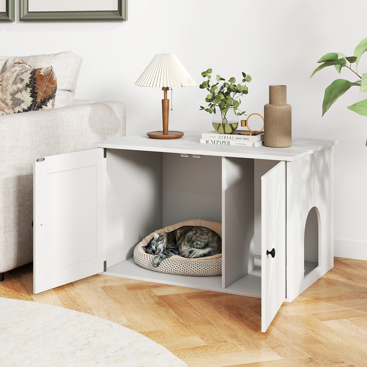 Hidden Cat Litter Box Enclosure Furniture with Divider-White view 2